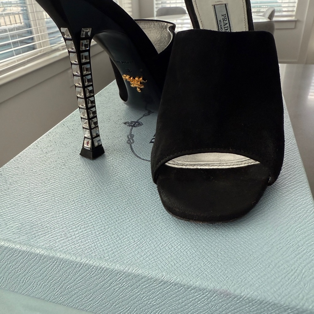 Prada Black Heels with Silver Crystal Detailing